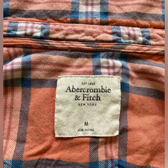 Abercrombie and Fitch flannel plaid shirt dark peach with blue M Medium - Picture 3 of 3